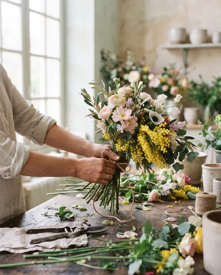 Mains en train de composer un bouquet pendant un atelier.