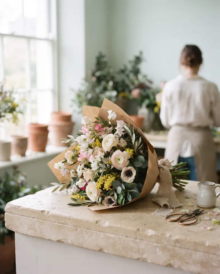 Bouquet de fleurs de saison composé à la boutique.