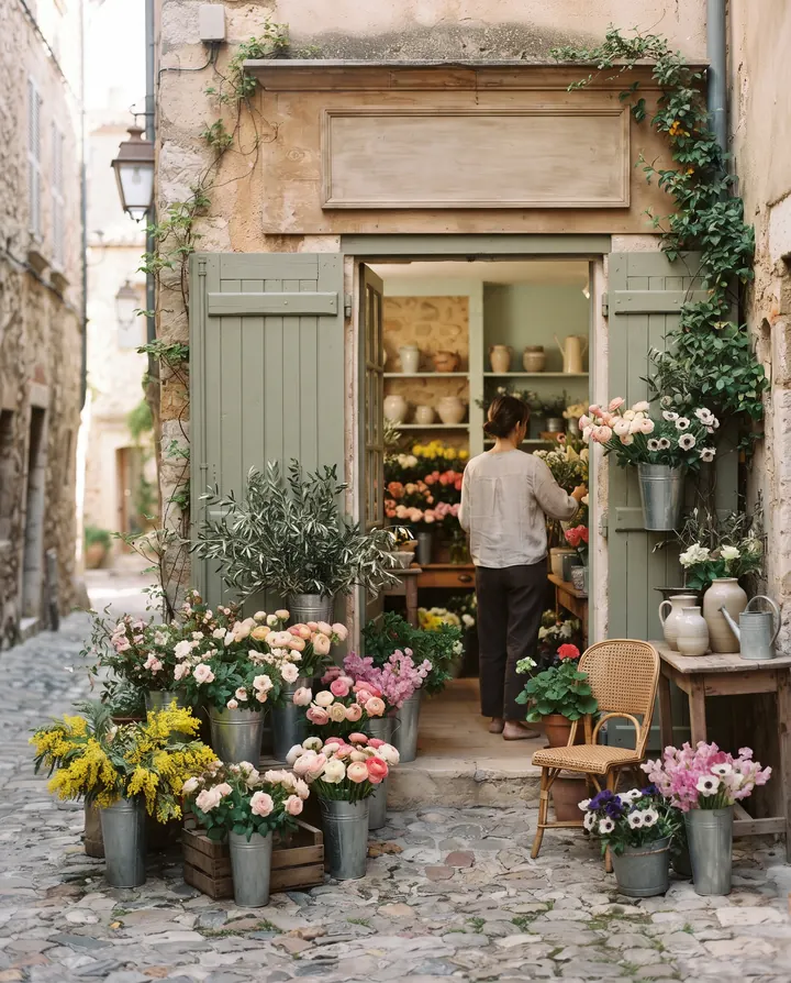 Façade de la boutique Maison Ombelle dans une ruelle de la vieille ville.