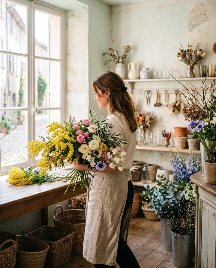 Claire, la fleuriste, de profil, avec des branches de mimosa.