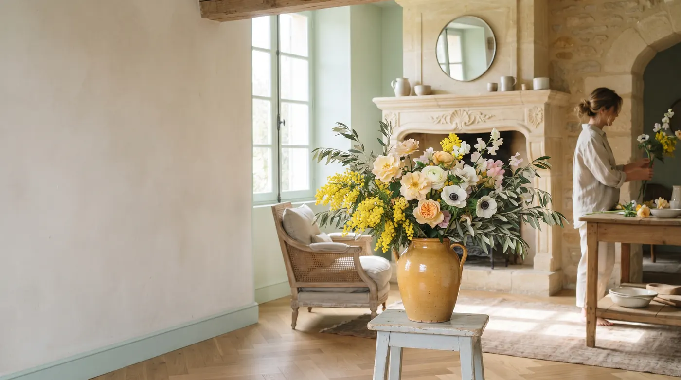 Grande composition florale posée devant une cheminée, dans une pièce aux murs clairs.